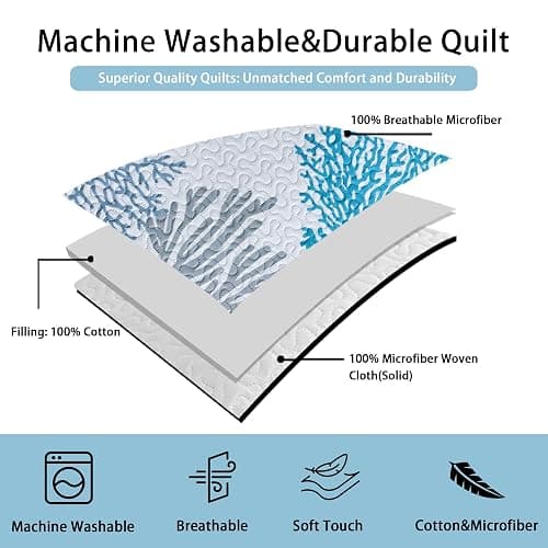 Tritard 3 Piece Coastal Quilt Sets Full/Queen Size - Reversible Microfiber Quilts with 2 Shams Soft Lightweight Beach Bedding Nautical Bedspread Coverlet Summer Comforter for All Season, 90''x96'', C1 thumbnail 4