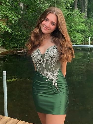 Satin Crystal Homecoming Dresses 2026 for Teens V Neck Mermaid Short Prom Dresses Corset Pleated Cocktail Dress thumbnail 8