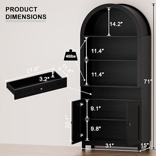 TEROL Arched Pantry Cabinet, 71" Kitchen Pantry Cabinet with Smooth Gliding Drawers and Adjustable Shelf, Wood Storage Cabinets Anti-Tipping, Modern Farmhouse for Living Room, Dining Room (Black) - Black thumbnail 2