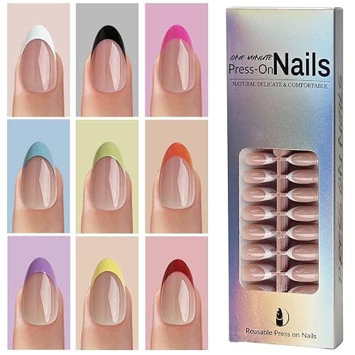 216 Pcs French Tip Press on Nails Meidum Almond Fake Nails 9 Color French Tips Glossy Acrylic Glue On Nails Full Cover Soft Gel False Nail Tips Kit for Women DIY Nail Art Manicure 12 Size thumbnail 2