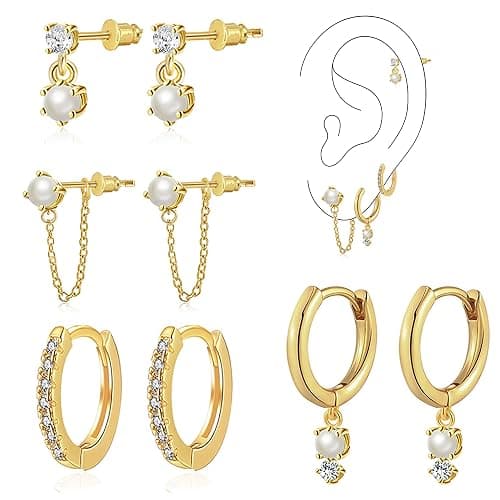 Gold Earrings for Women, 14k Gold Plated Dangle Huggie Earrings for Women Trendy Dainty Gold Hoop Earring Stacks Hypoallergenic Pearl Chain Drop Cartilage Earring Fashion Womens Jewelry - Image 1
