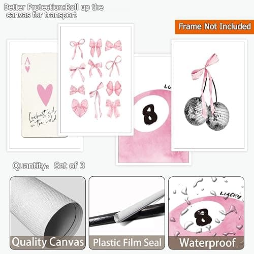 Set of 4 Pink Canvas Wall Art Coquette Room Decor Aesthetic Canvas Wall Art Set Of 4 Preppy Pink Bow Heart Ace A Poker Pictures Girly Cute Posters Coquette Wall Decor 8x10in Unframed thumbnail 2