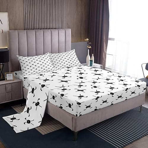 Ice Hockey Kids Sheet Full Size,Winter Ball Sports Games Competition Bedding Set,Girls Boys Adults Room Decor,Simple Modern Fashion Black White Bed Sheet Set 4pcs(Fitted + Flat + 2 Pillowcases) thumbnail 8