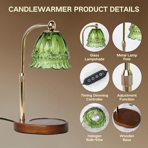 Droyek Candle Warmer Lamp with Timer Electric Adjustable Height Candle Warmer Dimmable Wax Warmer Lamp Jar Candles with 2 Bulbs for Home Decor & Office - Green1-flower - Large thumbnail 4