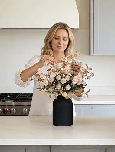 BLOSMON Dining Table Centerpiece Decor: Metal Vase with 12 Stems of Fake Mums Kiku Flower Eucalyptuses for Home - Beige Artificial Pom Poms Faux Floral Arrangements in Vase for Living Room thumbnail 6
