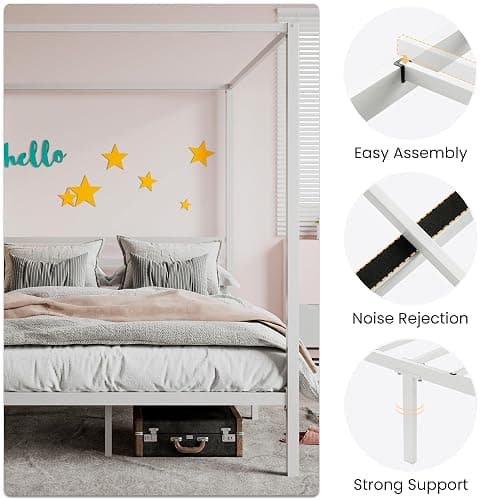SHA CERLIN Canopy Bed Frame Full Size/Mattress Foundation with Metal Slats Support/No Box Spring Needed/Easy Assembly/White thumbnail 4