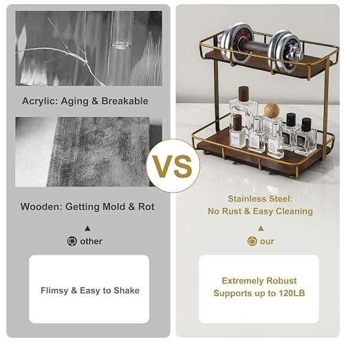 Dobbyby Bathroom Organizer Countertop Perfume Organizer Makeup Organizer Cosmetics Storage Display Rack Vanity Tray Dresser Stainless Steel Gold Shelf Wooden Tray thumbnail 3