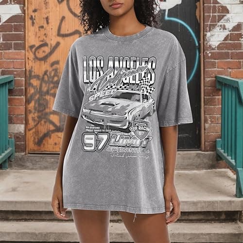 Pairxily Oversized Graphic Tees for Women Baggy Streetwear Preppy Shirts for Teens Race Car Checkered Flag Drop Shoulder Top thumbnail 2