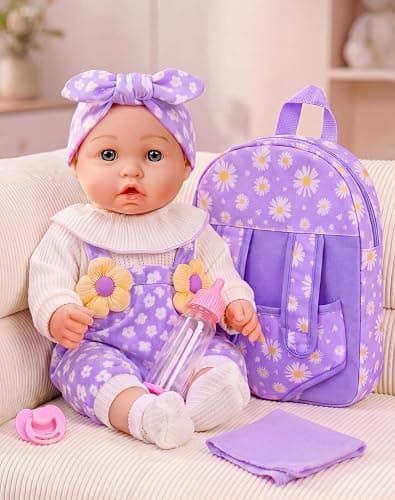12" Flower Pattern Baby Doll With Backpack Carrier Clothes and Accessories | 12 Inch Baby Dolls Set In Gifts Box With Hanky Pacifier Bottle Pretend Baby Care Interactive Toy For Girl Child Toddler 3+ - Image 1