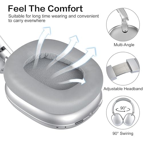 RORSOU C6 Active Noise Cancelling Headphones, Wireless Over Ear Bluetooth Headphones, 60H Playtime, Lightweight Folding Deep Bass Comfort Fit Ear Cups Headset with Mic for iPad/Travel/PC/Home Silver thumbnail 7