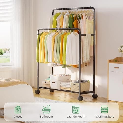 Simple Trending Clothing Clothes Rack Double Rods with Wheels, Rolling Metal Garment Rack for Hanging, Black thumbnail 4