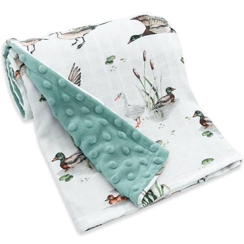 LifeTree Baby Blankets for Newborn, Soft & Lightweight Swaddle Blankets, Muslin Front and Dotted Fleece Backing Receiving Bed Blanket, 31X40 Inches, Baby Girl & Boy Blanket, Duck and Green - Image 1