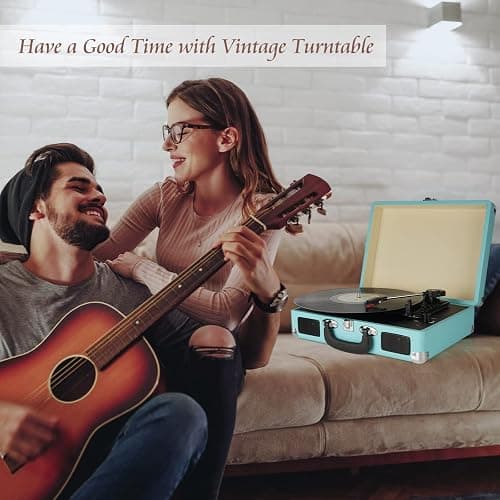 Vinyl Record Player, 3 Speeds Suitcase Portable Record Player with Built-in Speakers, Vintage Belt Driven Turntable with RCA Output/Headphone/Aux in Jack/45 Adapter Blue thumbnail 7