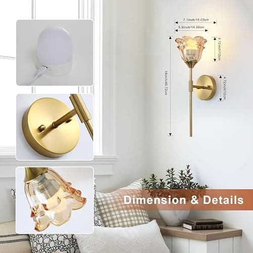 XIYOUVE 2 Pack Battery Operated Wall Sconce with Amber Glass Shades, Wireless Rechargeable RGB Wall Light with Remote Control, for Bedroom Mirror Living Room, ETL Listed thumbnail 5