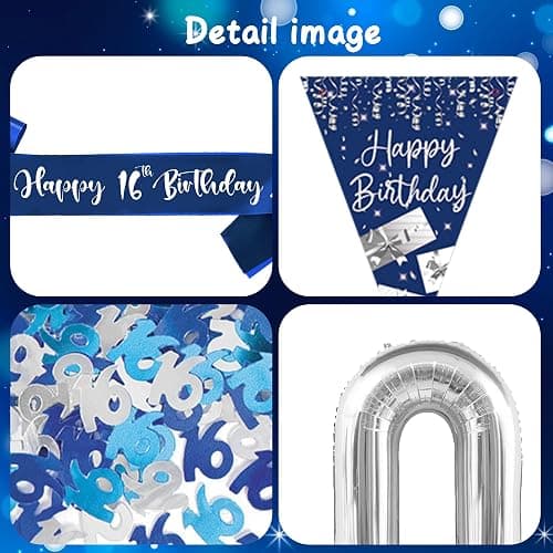 16th Birthday Decorations for Boys - Blue and Silver Birthday Decorations Pennant Happy Birthday Banner 12 Inch Latex Balloon Sash Cake Topper Confetti for 16 Years Old Birthday Party Supplies - 16th Blue and Silver Balloons thumbnail 4