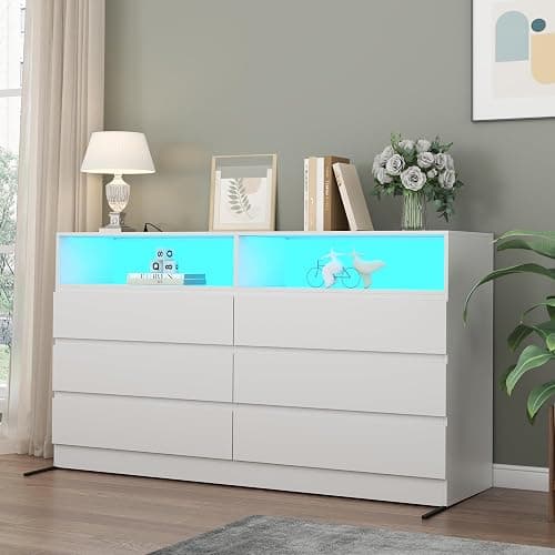 Gyfimoie White 6-Drawer Dresser for Bedroom w/Power Outlet and LED Light | Modern Double Dresser with 2 Open Cubbies, Spacious Chest of Drawers, and TV Stand Function for Living Room thumbnail 4