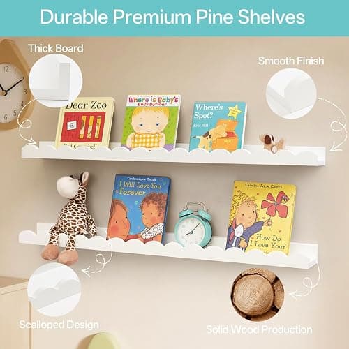 Gieanoo Floating Bookshelf, White Scalloped Nursery Book Shelf 40CM 2PCS | Pine Wood,Toddler Room Decor Wall Mounted Bookshelves for Bedroom Kids, Toddler Room, Baby Room thumbnail 5