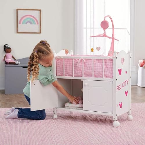 Badger Basket Wooden Toy Doll Bed with Storage, Mobile, and Bedding to Pretend and Play - Includes Wheels and Free Personalization Kit - White with Pink Gingham Fabric thumbnail 8