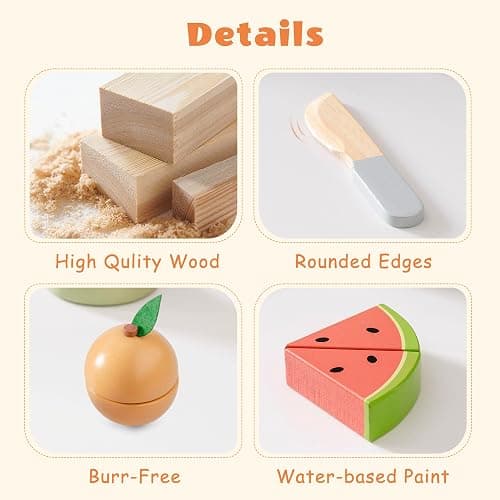 ROBOTIME Wooden Play Food Cutting Fruit Set, Pretend Play Toy Food for Play Kitchen with Shopping Bag – Kids Kitchen Accessories, Wooden Fruit Toys for Kids Boys Girls thumbnail 7