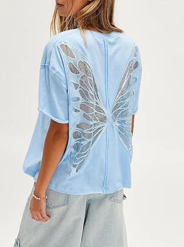 UAURORAO Women Butterfly Tee Top Short Sleeve Cut Out Back Sheer Tops Oversized Slouchy Crew Neck Embroidered T Shirts thumbnail 2