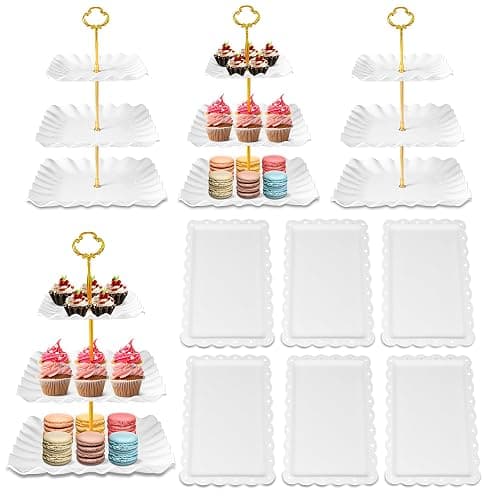 10 Pack Dessert Table Display Set, 4 Three-Tier Square Cupcake Stands and 6 Serving Trays for Cakes, Cupcakes, Pastries and Snacks, Baby Shower Decorations, Bridal Shower, Birthday, Wedding Party - Image 1