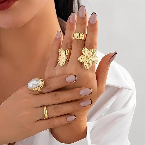 FAXHION 12 PCS Chunky Gold Rings for Women Non Tarnish Statement Flower Ring, 14K Gold Plated Stackable Open Stacking Rings, Big Knuckle Trendy Ring Set Jewelry Gift thumbnail 3