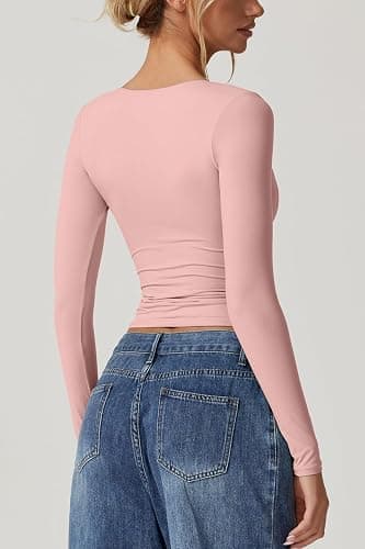 QINSEN Women's Long Sleeve V Neck T Shirts Double Lined Crop Top Seamed Cup Going Out Tops thumbnail 2