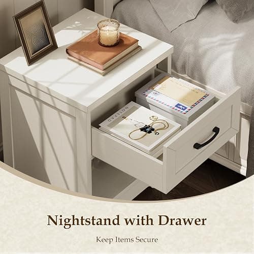 AODK Farmhouse Nightstand Set of 2, Drawer and Open Shelf, Rustic White | Compact Bedside Tables, Drawer Storage, Rustic White Finish for Bedrooms, Dorms, Apartments and Guest Rooms thumbnail 4
