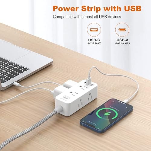 Power Strip Surge Protector, BESHON 5Ft Extension Cord, 6 Outlets with 3 USB Ports(1 USB C Outlet), 3-Side Outlet Extender, Wall Mount, Compact for Travel, Home, School, College Dorm Room and Office thumbnail 3