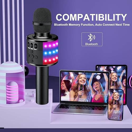 BONAOK Karaoke Microphone for Kids & Adults - Bluetooth Microphones Singing Mic with Disco Lights, Echo Effect, Built-in Speaker Portable Karaoke Player for Party Travel Gifts Q78(Black) thumbnail 4