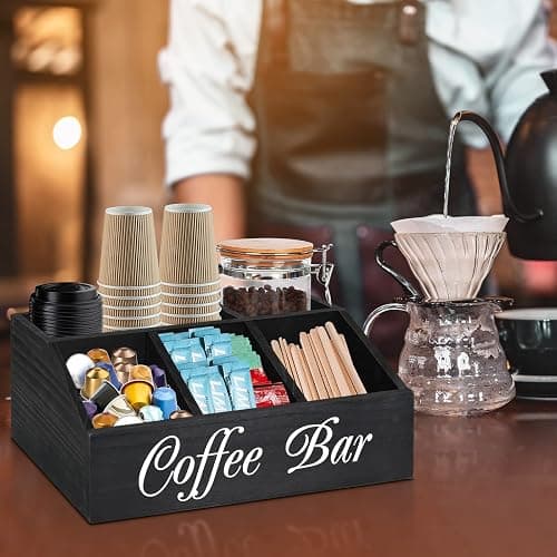 ugiftt Coffee Station Organizer for Counter, Wood Coffee Pods Holder Storage Basket, Tea Condiment Storage Organizer, Rustic Bar Decor for Accessories Organizer thumbnail 4