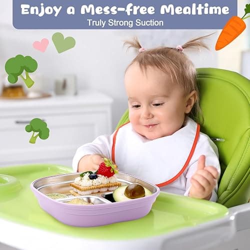 Geiserailie Square Stainless Steel Toddler Plates with Suction – 7.68” Divided Plates with Removable BPA-Free Silicone Sleeves, Unbreakable Baby Feeding Dishes Set of 4 (Pink,Green,Purple,Blue) thumbnail 8