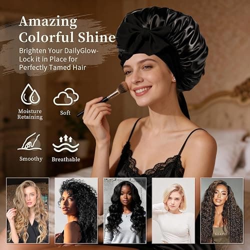 Silk Bonnet Satin Bonnet for Sleeping Large Bonnets with Tie Band Hair Wrap with Adjustable Straps Hair Cap for Women Curly Black thumbnail 4
