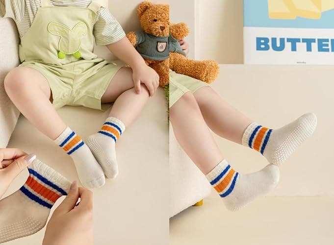 Wamvp Toddler Grip Socks with Non-Slip, Unisex Baby Retro Stripe Seamless Crew Ankle Cotton Socks for Girls Boys 6 Pairs thumbnail 4