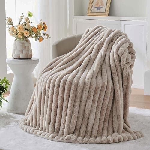 Lotus Karen Faux Fur Throw Blanket - Stripe Faux Rabbit Fur Blanket for Couch, Cozy Soft Fluffy Fuzzy Blanket, Warm Thick Furry Plush Shaggy Small Blankets for Women, Linen,50x60 Inches thumbnail 4