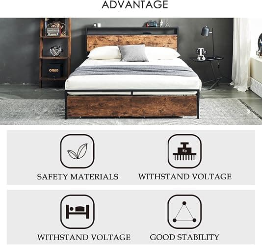 Eifizek Queen Size Bed Frame with Storage Headboard & Charging Station, Platform Bed Frame with Drawers, No Box Spring Needed, Easy Assembly (Brown) thumbnail 6