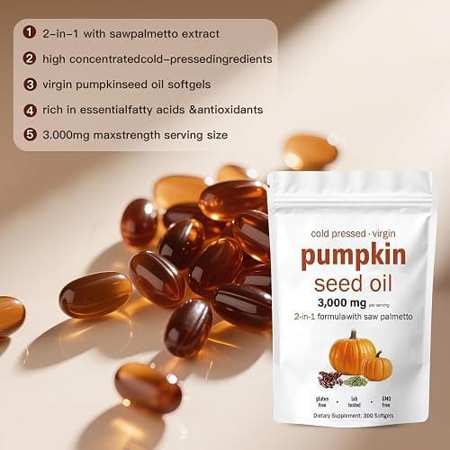 AOLBSPD Pumpkin Seed Oil Capsules with Saw Palmetto – 300 Softgels | Cold Pressed, Pure Virgin Oil | Supports Hair, Urinary, Bladder & Prostate Health | Non-GMO thumbnail 2