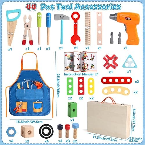 TONZE Wooden Kids Tool Set with Drill, Montessori Toys for 3 Year Old Boys | 44 Pcs with Apron & Box Easy Storage STEM Tool Set for Pretend & Fine Motor Skills Birthday Gifts for 3 4 5 Year Old Boy Girl thumbnail 8