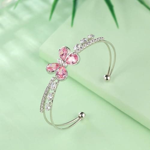 Ydou Butterfly Adjustable Bracelet with Pink Birthstone Sillver/18K Gold Plated Open Cuff Bangle Jewelry for Women CB0013 thumbnail 6