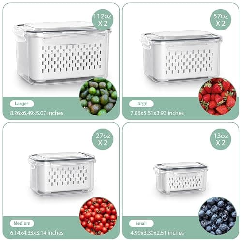 Fruit Storage Containers for Fridge with Removable Colander, 8 Pack Fruit Containers for Fridge with 2 Function Divider Plate, Airtight Storage Container to Keep Berry Fruit Fresh, Dishwasher Safe thumbnail 4