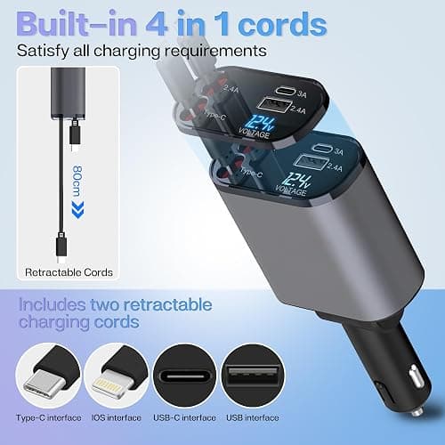 Retractable Car Charger with 100W Fast Car Charger 4 in 1 for iPhone and Type C, Retractable Cables (80cm) and 2 Charging Ports, Compatible with iPhone 15/14/13/12 Pro Max XR thumbnail 6