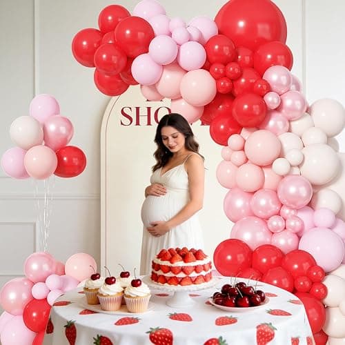 Amandir 153pcs Red and Pink Balloons Arch Garland Kit, Different Sizes 18 12 10 5 inch Strawberry Cherry Pastel Pearl Light Pink Balloon Sweet One Shower Berry First Birthday Summer Party Decorations thumbnail 6