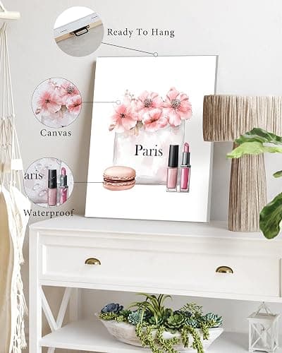 Drsoum Glam Fashion Makeup Room Decor Framed Pink Beauty Girly Elegantes Bathroom Wall Art Perfume Handbags High Heels Pictures Bedroom Dorm Decorations Ready to Hang 8x10inx4pcs (Framed) thumbnail 3