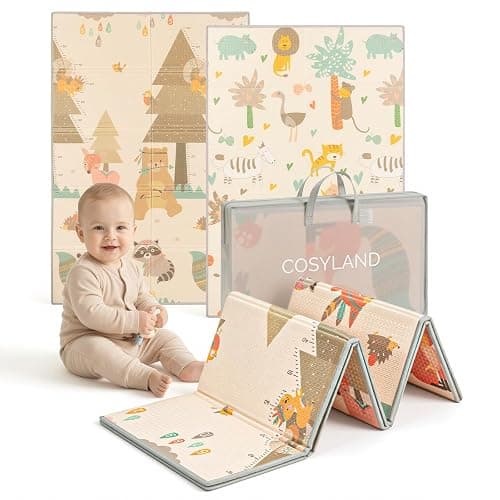 COSYLAND Alfombra Bebé Acolchada Plegable XPE Reversible, Tapete de Juegos Infantil Antideslizante e Impermeable para Suelo, Colchoneta Bebé, Animales Dormidos, Zorro y Oso Pardo, 150 x 180 x 1 cm - Image 1