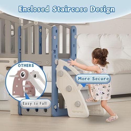 8 in 1 Toddler Slide Set, Kids Slide for Toddlers Age 1-3, Toddler Climber Slide PlaySet with Basketball Hoop and Ball, Outdoor Indoor Kids Playground for Toddlers 1-3, Blue Grey thumbnail 5