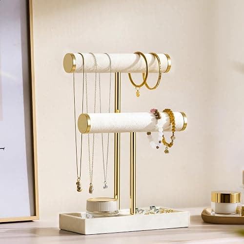 bussdis 2 Tier Bracelet Holder Display - Detachable T Bar Beige Velvet Bracelet Holder, Jewelry Holder Organizer for Bracelet, Necklace, Earrings, Rings thumbnail 2