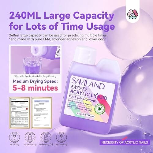 SAVILAND 8OZ EMA Acrylic Liquid Monomer: Pure EMA Odorless Liquid Monomer Professional Nail Monomer Liquid Kit for Acrylic Powder with Acrylic Brush Dappen Dish Nail Table Mat Nail Tech Salon thumbnail 3
