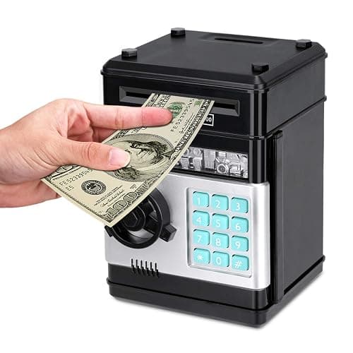 Renvdsa Cartoon Electronic ATM Password Piggy Bank Cash Coin Can Auto Scroll Paper Money Saving Box Gift for Kids (Black) - Image 1