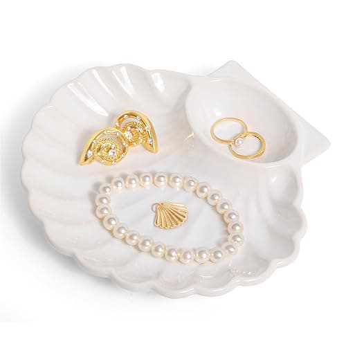 Large Seashell Jewelry Dish Trinket Tray for Women, White Ceramic Trinket Dish, Seashell Ring Holder, Cute Shell Jewelry Holder for Coastal Cowgirl, Coastal Granddaughter Room Decor, Stockholm Style - Image 1