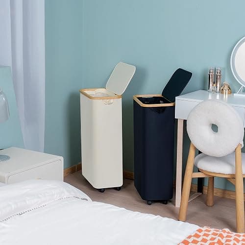efluky Slim Laundry Hamper with Wheels, Narrow Laundry Basket with Lid and Removable Bag, Aesthetic Dirty Clothes Hamper on Wheels for Laundry Room, Bedroom, Dorm and Bathroom, 75L Beige thumbnail 8
